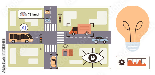 AI-regulated intersection with cars, buses, sensors, data visuals, and cameras monitoring traffic. Ideal for transportation, urban planning, AI automation safety innovation technology. Simple