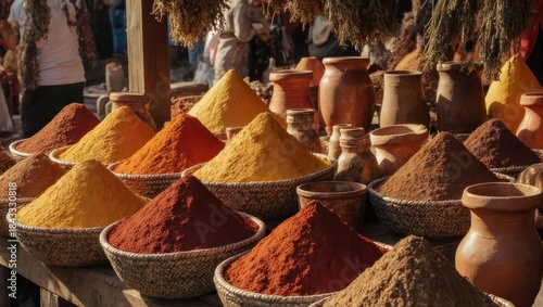 Fototapeta Naklejka Na Ścianę i Meble -  Vibrant spice market display.  Wooden stalls filled with heaps of colorful spices in woven baskets.  Te