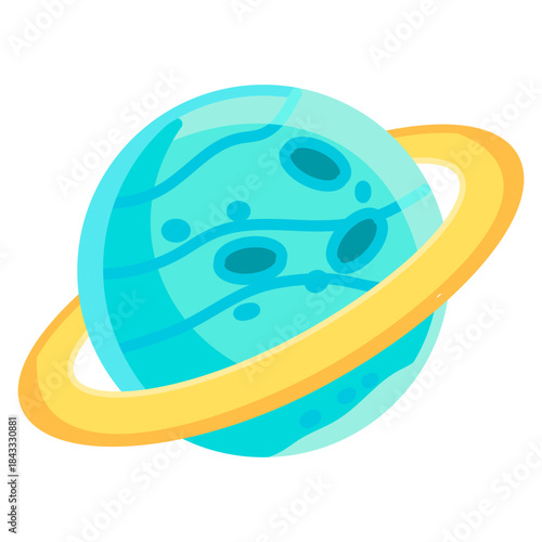 A stylized turquoise planet with a golden ring, showcasing its gaseous atmosphere and celestial body, perfect for cosmic themes