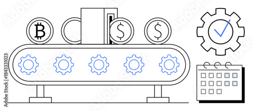 Conveyor belt with cryptocurrency and dollar coins, gears symbolizing processes. Includes calendar and task checkmark. Ideal for fintech, technology, automation, efficiency, planning, workflow