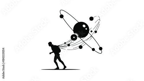 Silhouette of a person carrying a backpack, reaching for orbiting celestial bodies.