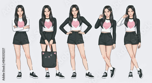 Young Asian Woman Character Illustration in K-Pop Style Outfit Posing with Tote Bag Set
