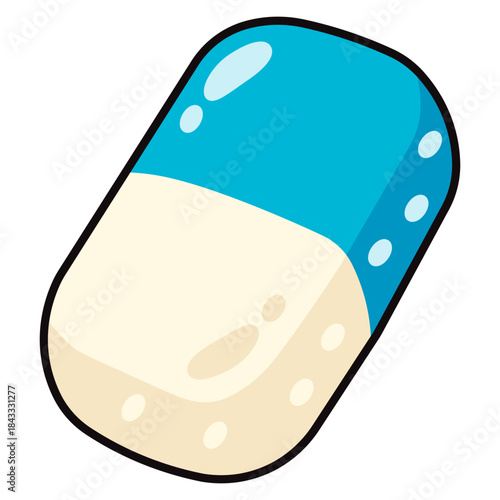 Brightly colored cartoon illustration of a sleek blue and white capsule, symbolizing essential medication, health supplements, or effective medical treatment for wellness and digital designs