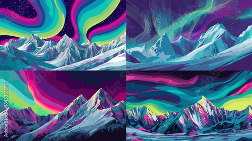 Vibrant aurora dancing across snowy mountain peaks in a vivid night sky. Colorful atmospheric landscape capturing glowing lights and dramatic winter scenery.