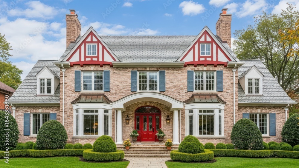 Obraz premium Elegant Tudor-style brick mansion with manicured gardens showcasing classic architecture and a welcoming red door ideal for real estate or luxury lifestyle imagery