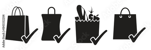  shopping bags icons set with checkmarks black symbols 