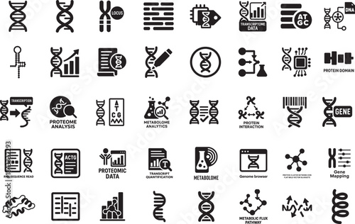 Bioinformatic icon set in flat style with genome, DNA, RNA, protein, and gene symbols.