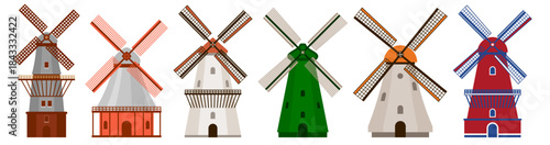 Set of colorful traditional Dutch windmills. Featuring varied shapes and vibrant details. Classic European architecture. Green energy concept. Vector illustration