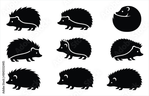 silhouette of a collection of nine black hedgehog icons 