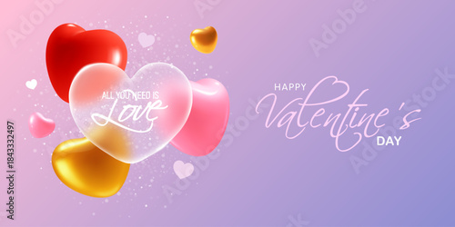 Valentines Day greeting banner with glass morphism effect. 3D red, pink, gold hearts, soft purple background, and heart shape made of matte translucent glass with sparkling edges. Vector illustration