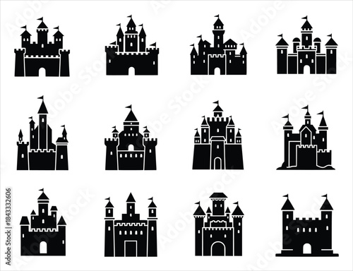 silhouette of a collection of twelve black silhouette icons 