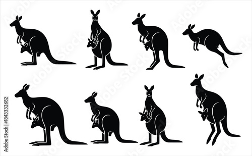silhouette of collection of black kangaroo silhouettes