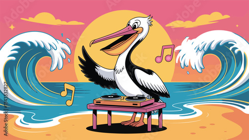 Pelican beach illustration, Cartoon DJ bird, Tropical ocean artwork, Summer party design, Vector beach scene with pelican DJ and music notes, Fun sunset beach illustration with cartoon waves 