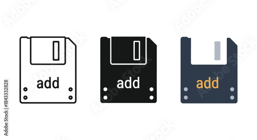 Three floppy disks with add label in different colors