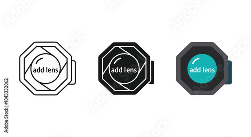 Camera lens icons with add lens text in different styles