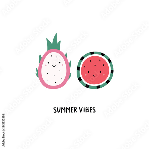 Cute fruit postcard. Funny, kawaii pitahaya and watermelon. Flat style vector illustration on white background