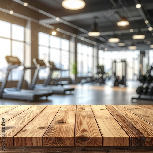 Wooden table top in a gym. Out-of-focus gym interior with treadmills, equipment, and windows
