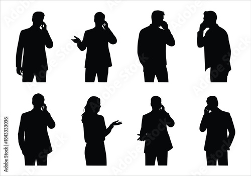  silhouettes of business people on phone calls isolated on