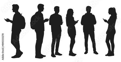 silhouettes of people standing in a line with their phones
