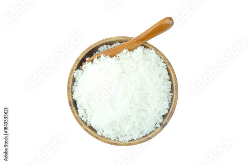 Fleur de Sel or Flower of Salt or Sea Salt Flower and a spoon in wooden bowl isolated on white background top view stack clipping path.