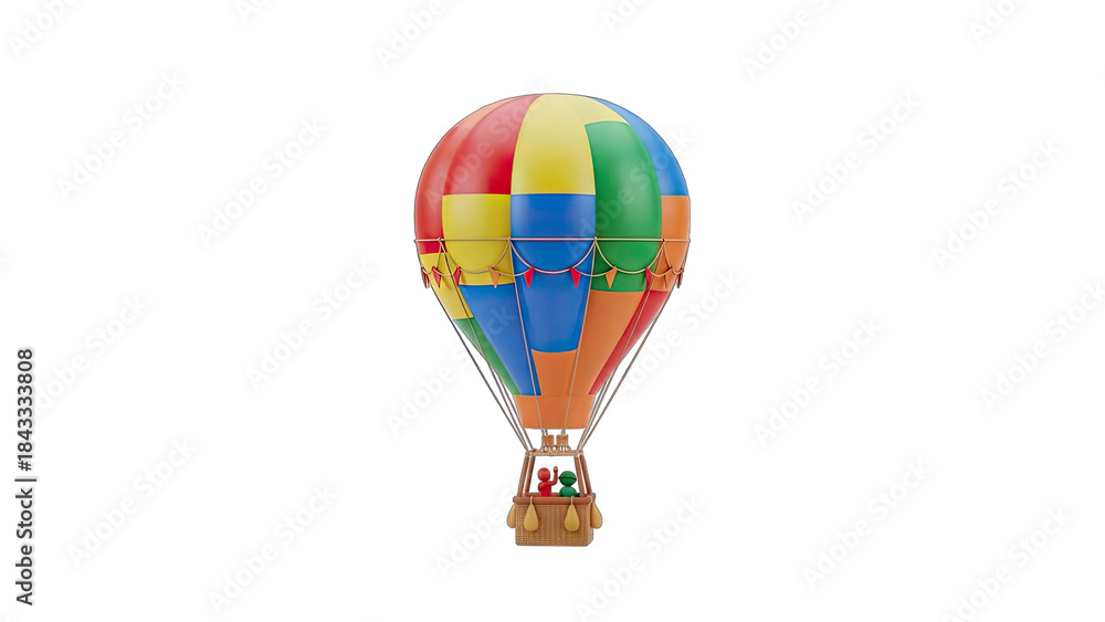 Obraz premium Vibrant Hot Air Balloon with Festive Banner and Rider Basket Isolated on Black Background for Celebration and Adventure