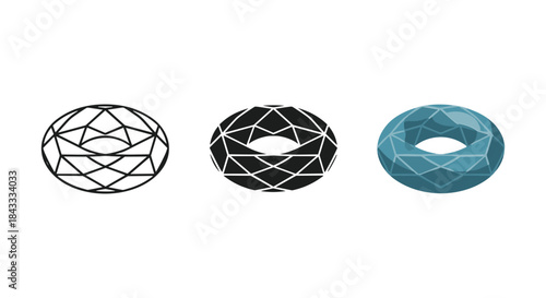Three geometric rings with different colors and patterns