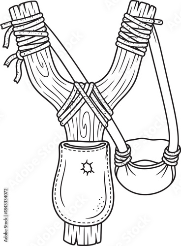 Vintage leather sling catapult medieval weapon illustration, hand drawn line art design, historical warfare tool, ancient hunting gear, wooden frame