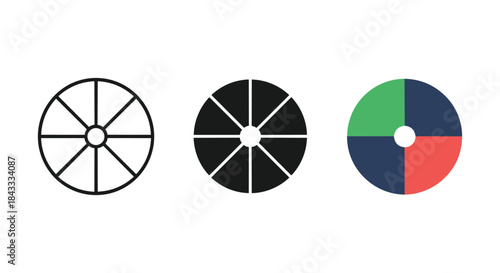 Pie chart illustration with various color schemes and segments