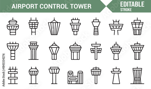 Aviation safety and airport control tower icons for infographic design