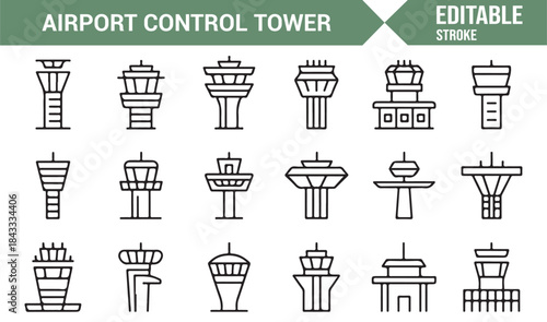 Air traffic management and control tower linear icons