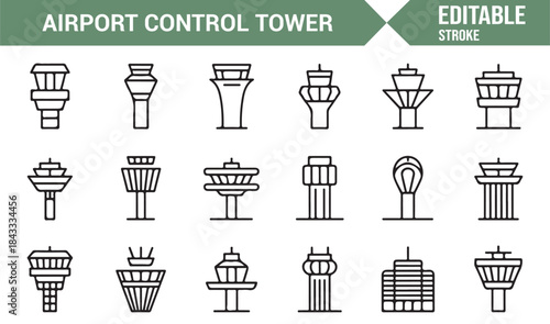 Aviation infrastructure control tower editable outline icon pack