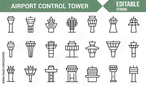Airport navigation and monitoring tower minimalist vector icons