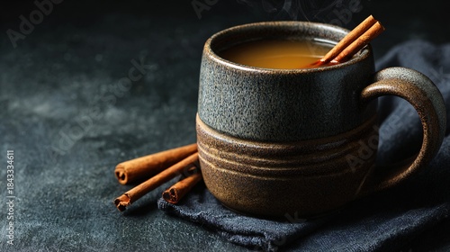 Fototapeta Naklejka Na Ścianę i Meble -  Simple mulled cider in ceramic mug on charcoal background, warm tones with large copy space