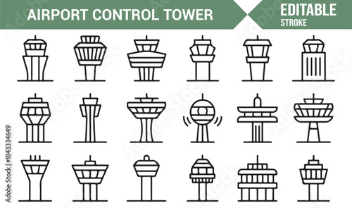 Airport control tower and air traffic outline icons editable vector set