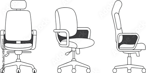 Technical vector line drawing of an ergonomic high-back office chair with caster wheels, presented in front, three-quarter, and side views, perfect for furniture design or architectural drafting.