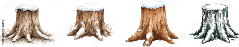 Fototapeta premium Hand drawn snow covered stump. Watercolor illustration. Perfect for winter forest scenes, woodland designs. Isolated on white. 