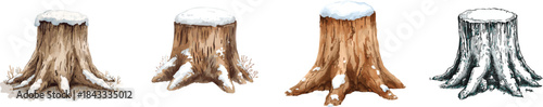 Hand drawn snow covered stump. Watercolor illustration. Perfect for winter forest scenes, woodland designs. Isolated on white. 