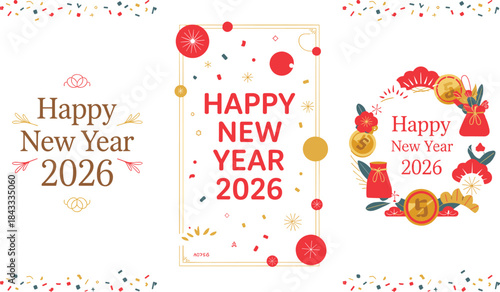 Happy New Year 2026 vector graphics collection featuring three distinct festive designs with confetti, celebratory frames, oriental symbols, and gold coins for calendar, invitation, and banner use.