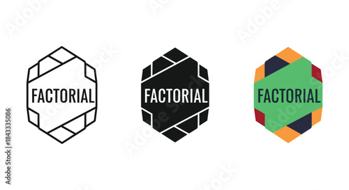 Factorial logo design variations on white background