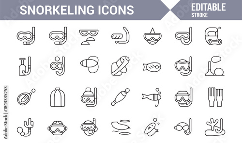 Snorkeling sport and ocean leisure editable vector icons