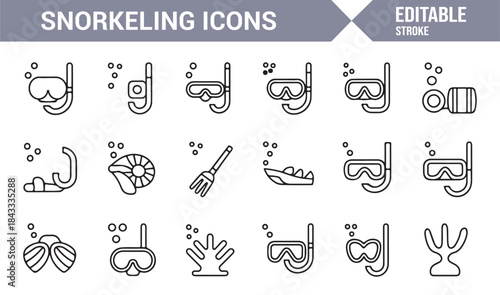 Snorkeling gear and underwater activity outline icons collection