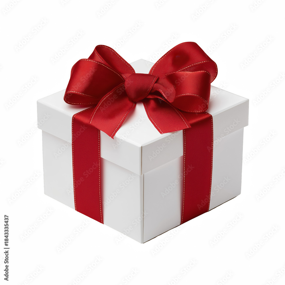 Obraz premium White gift box with elegant red ribbon bow, realistic present packaging mockup isolated on transparent background.