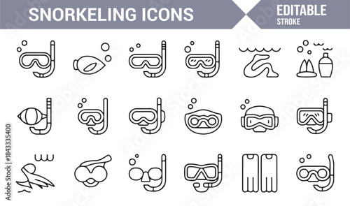 Snorkel diving and water recreation outline vector set
