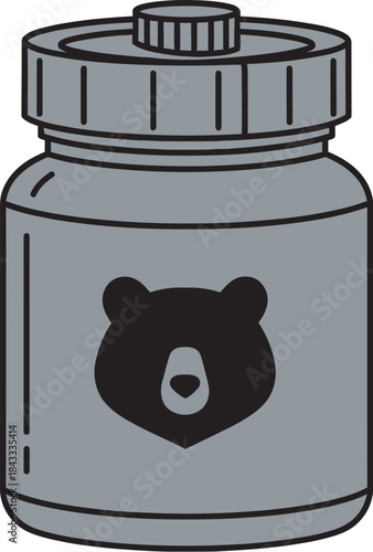 Grey plastic bear bottle container with black bear logo on white background, isolated cartoon illustration for packaging design