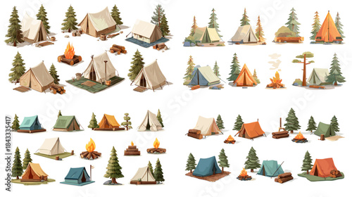 Illustration set of camping tents, campfires, and pine trees in various outdoor arrangements, capturing cozy wilderness scenes for adventure and nature themed designs.