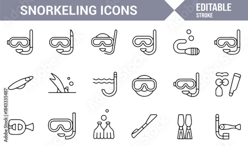 Ocean snorkeling equipment editable outline icon pack