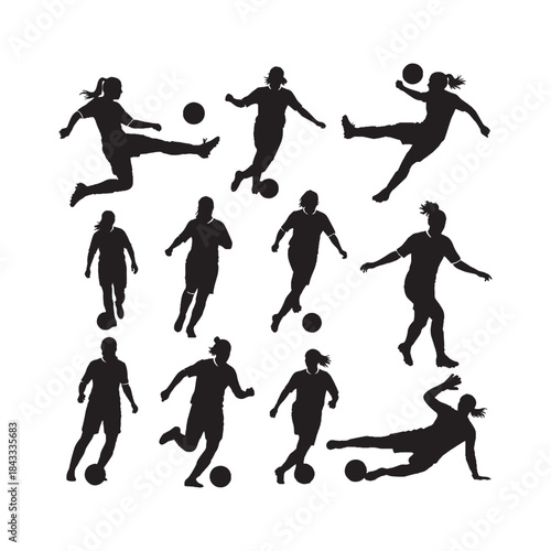 Women Playing Soccer Silhouettes Collection,Women Soccer Silhouettes,Vector Women Soccer Silhouettes,Female Football Player Silhouettes,women soccer vector