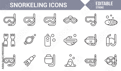 Diving mask fins and snorkel linear icon collection