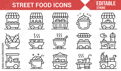 Street food vendor carts and fast cuisine editable icons