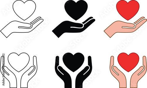 Care and love symbol hands holding hearts in various forms of representation and color